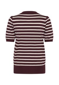 Knit top features short puff sleeves, a crew neck, and maroon stripes alternating with cream stripes throughout the fabric.