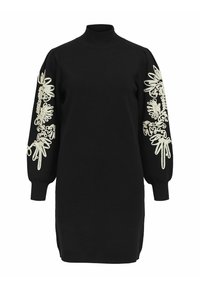 Robe noire en maille à manches longues avec col haut, broderie florale blanche sur les manches bouffantes, poignets côtelés et ourlet droit.