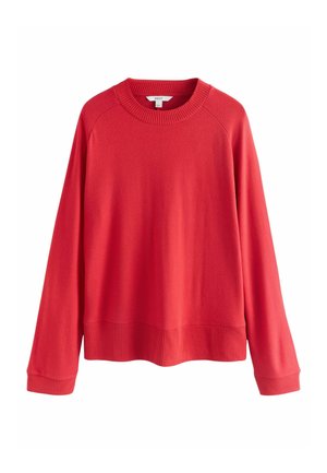 Roter Strickpullover mit langen Ärmeln, Rundhalsausschnitt und geripptem Saum sowie Bündchen. Weicher Stoff, lockere Passform mit dezenten Nahtdetails.