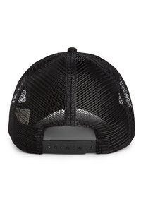 Black mesh trucker cap shown from the back with adjustable snap closure and rounded top button.
