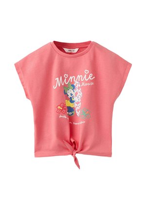 Ružové detské tričko s krátkym rukávom a uzlom vpredu, s potlačou Minnie Mouse, tropickými kvetmi a nápisom „Minnie Mouse".