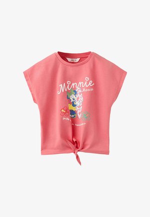 Roza dječja majica kratkih rukava s vezom sprijeda, s Minnie Mouse grafikom, tropskim cvijećem i tekstom „Minnie Mouse".