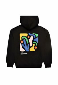 Sudadera negra con un diseño gráfico abstracto colorido en la parte posterior, con formas en amarillo, rosa, verde, azul y naranja.