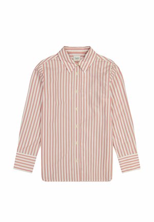 Langærmet skjorte med knapper, med hvide og lyserøde lodrette striber og en spids krave, lagt fladt på en hvid baggrund.