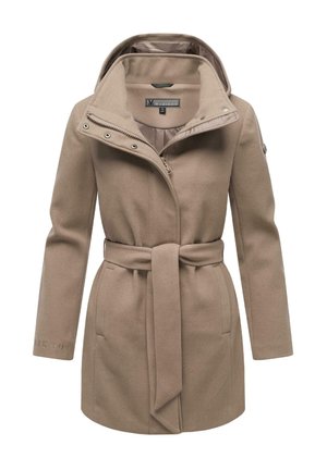 Beige Wollmischungsmantel mit tailliertem Gürtel, hohem Kragen und abnehmbarer Kapuze; verfügt über Seitentaschen und dezente Markenkennzeichnung auf dem Ärmel.