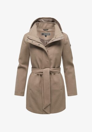 Beige Wollmischungsmantel mit tailliertem Gürtel, hohem Kragen und abnehmbarer Kapuze; verfügt über Seitentaschen und dezente Markenkennzeichnung auf dem Ärmel.