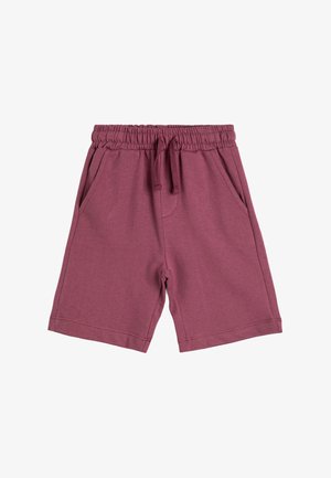 Bordeauxfarbene Shorts mit elastischem Bund und Kordelzug sowie seitlichen Taschen, aus weichem Stoff, flach auf einem weißen Hintergrund präsentiert.
