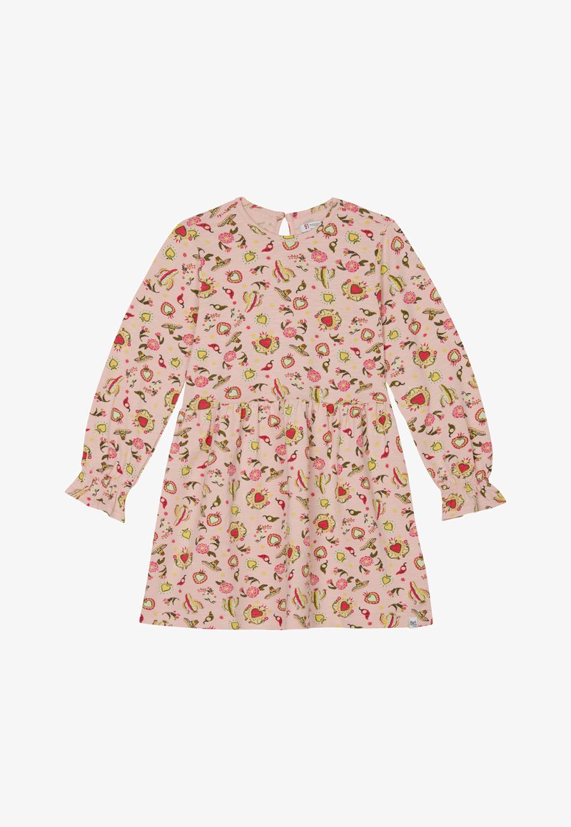 Sukienka z długim rękawem w jasnoróżowym kolorze, ozdobiona kwiatowym wzorem w odcieniach zieleni, różu i żółci. Z tyłu znajduje się dekolt w kształcie łezki oraz falbanki przy mankietach.