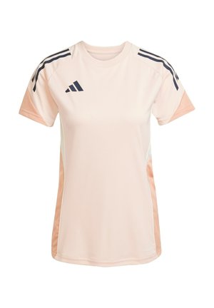 Light pink athletic shirt with short sleeves, navy stripes on shoulders, and a crew neckline, made from breathable fabric.