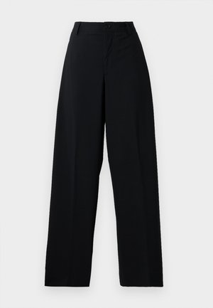 Black high-waist wide-leg trousers with button and zip fastening, belt loops, and a clean, smooth fabric finish.