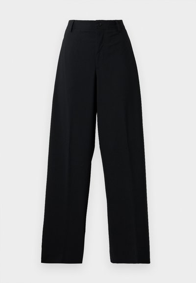 Black high-waist wide-leg trousers with button and zip fastening, belt loops, and a clean, smooth fabric finish.