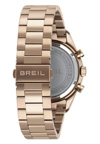 Rose gold rustfrit stålur med en kæde rem, der har en rund grå urskive og en lukning mærket med "BREIL."