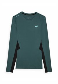 Camiseta deportiva de manga larga en verde azulado oscuro con paneles laterales negros en contraste, hecha de una tela suave y transpirable. Presenta acentos reflectantes.