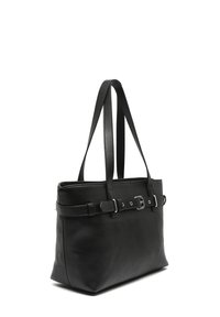 Black leather tote bag with a structured shape, featuring flat handles and a belt-like detail with a silver buckle across the front.