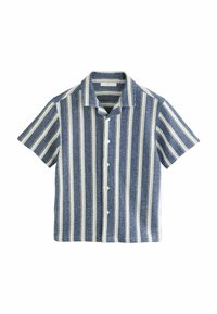 Chemise à manches courtes à boutons, rayée bleu et blanc ; confectionnée en tissu texturé avec un col écarté et cinq boutons.