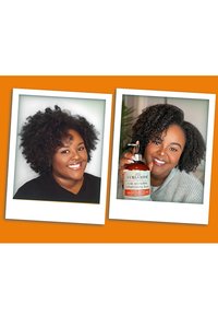 Zwei Fotos: Links ist eine Person mit dunklem, voluminösem lockigem Haar in einem schwarzen Shirt zu sehen; rechts ist eine andere Person mit ähnlichem Haar, die ein CurlSmith-Produkt in einem hellen Pullover hält.