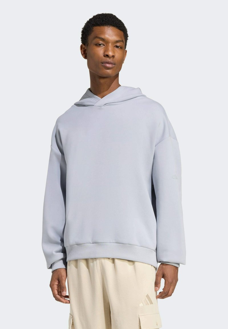 Lichtgrijze hoodie van zachte stof, met een losse pasvorm, een opvallende capuchon, geribbelde manchetten en een geborduurd logo-accent op de mouw.