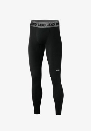 Leggings compressivi neri a tutta lunghezza con una fascia elastica grigia che riporta ripetutamente la scritta "JAKO" e un piccolo logo bianco "JAKO" sulla coscia.