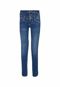 Jeans skinny in denim blu con vita alta, caratterizzati da tre bottoni metallici, tasche frontali e una leggera finitura sbiadita lungo le gambe.
