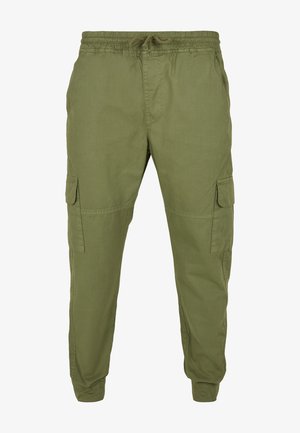 Olijfgroene cargobroek van katoen met een elastische tailleband, trekkoordsluiting en zijzakken voor functionaliteit en gemak.