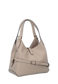 Beige leather handbag with a structured shape, double shoulder straps, gold-tone hardware, and a zippered side pocket. Accented with a darker trim.