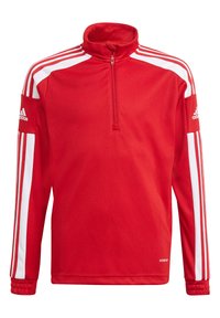 Pullover sportivo rosso con colletto a mezza zip, caratterizzato da strisce bianche sulle maniche e un logo ricamato sulla manica, realizzato in morbido tessuto.