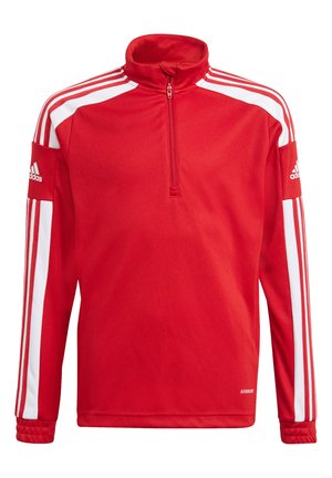 Rode sportieve pullover met een kwart-rits kraag, voorzien van witte strepen op de mouwen en een geborduurd logo op de arm, gemaakt van zachte stof.