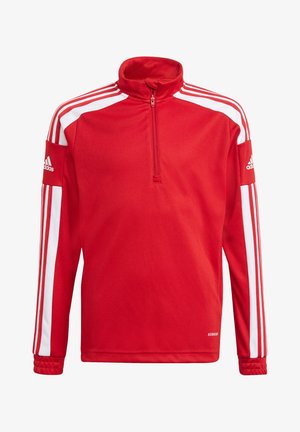 Roter sportlicher Pullover mit einem Viertel-Reißverschluss-Kragen, ausgestattet mit weißen Streifen an den Ärmeln und einem gestickten Logo am Arm, gefertigt aus weichem Stoff.