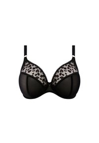 Brasiletta nera con dettagli in pizzo leopardato e coppe in rete trasparente. Presenta spalline regolabili e bordi decorativi lungo il collo.