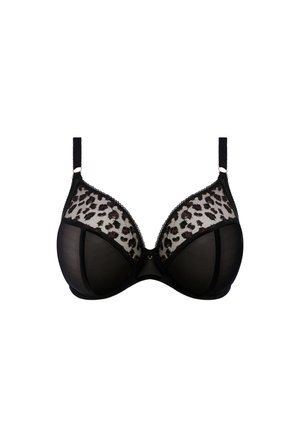 Soutien-gorge noir avec des détails en dentelle léopard et des bonnets en mesh transparent. Il dispose de bretelles réglables et d'une bordure décorative le long du décolleté.