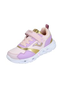 Zapatilla deportiva rosa y morada con detalles en dorado, parte superior de malla y sintético, cuello acolchado, correa de velcro y suela blanca texturizada.