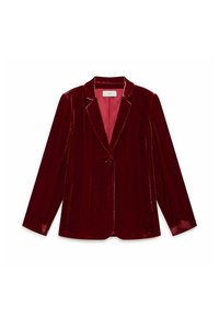 Blazer en velours rouge profond avec col cranté, fermeture à un bouton et manches longues. Doublure intérieure en rose clair, texture lisse.