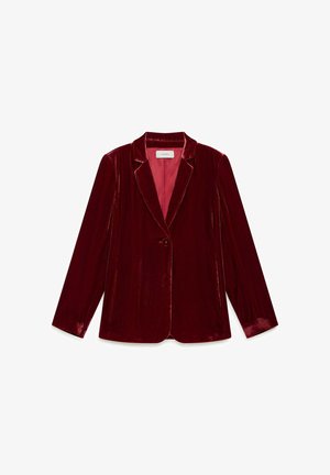 Blazer in velluto rosso scuro con collo a revers, chiusura con un bottone singolo e maniche lunghe. Interno foderato in rosa più chiaro, texture liscia.