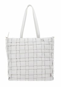 Borsa tote bianca intrecciata con forma rettangolare piatta, materiale in pelle liscia, doppi manici superiori e un sottile motivo in rilievo su tutta la superficie.
