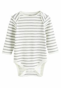 Body à manches longues en coton blanc doux avec de fines rayures horizontales noires, présentant des boutons-pression en bas et un col rond.