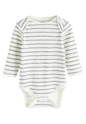 Body à manches longues en coton blanc doux avec de fines rayures horizontales noires, présentant des boutons-pression en bas et un col rond.