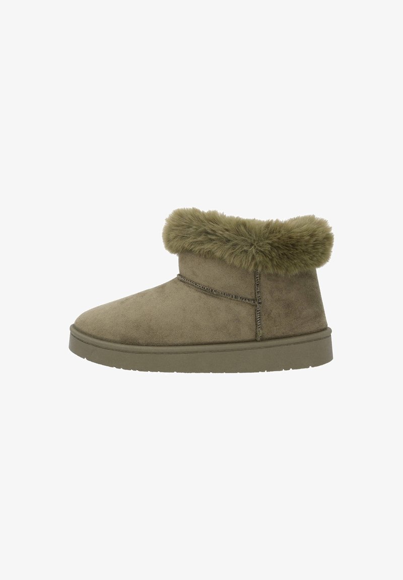 Bottine kaki en suède, dotée d'un revers en fausse fourrure et de coutures décoratives. Texture douce avec une semelle plate et durable.