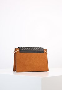 Borsa in suede beige con parte superiore a motivo geometrico nero, caratterizzata da dettagli in oro e una forma rettangolare strutturata.