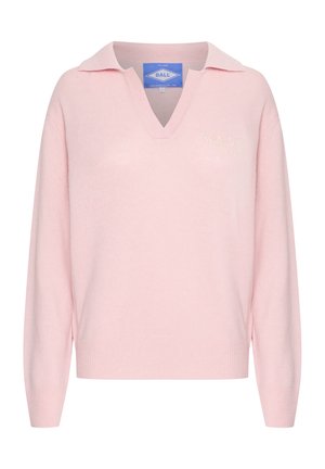 Lys pink V-hals sweater med krave, lavet af blødt materiale. Har ribbede manchetter og et diskret logo i det øverste venstre hjørne.