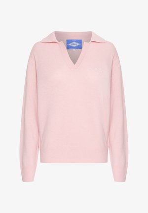 Heled pink V-kaelusega soe, pehmest kangast kampsun. Omab soonikuid mansette ja diskreetset logo vasakus ülanurgas.