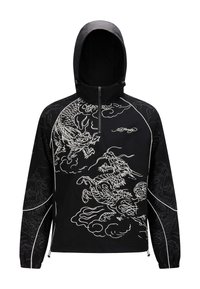Giacca nera con cappuccio caratterizzata da intricati disegni bianchi di draghi e nuvole, con zip frontale e polsini elastici con piping bianco a contrasto.