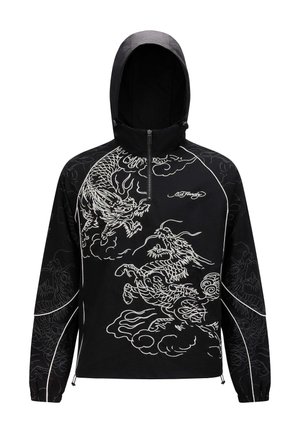 Zwarte hoodie met ingewikkelde witte ontwerpen van een draak en wolken, een rits aan de voorkant en elastische boorden met contrasterende witte piping.