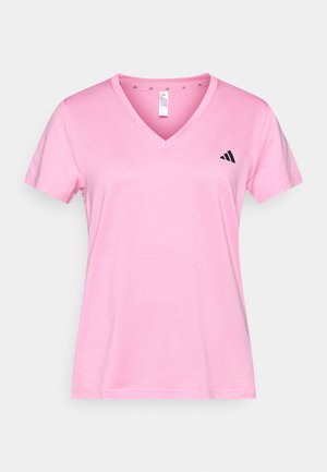Īsām piedurknēm, V veida kakla T-krekls gaiši rozā audumā. Kreisajā krūtīs ir melns Adidas logotips un gluda tekstūra.