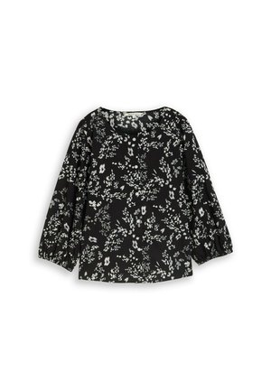Blusa nera a maniche lunghe con motivo floreale bianco, scollo rotondo, chiusura con bottoni sul davanti e polsini elastici sulle maniche.