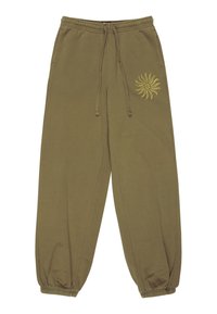 Oliwkowe dresy z elastycznym pasem i ściągaczami, sznurkiem, bocznymi kieszeniami oraz żółtą grafiką słońca na lewej udzie.