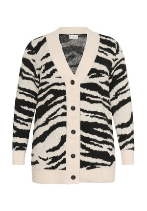 Cardigan à imprimé zèbre noir et crème, avec un col en V, des manches longues, une fermeture à boutons et des détails côtelés le long de l'encolure et de l'ourlet.