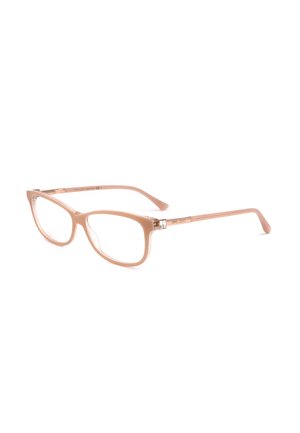 Occhiali rettangolari marrone chiaro con montatura sottile e lenti trasparenti, con sottili accenti decorativi vicino alle cerniere.