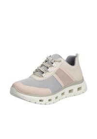Graue und rosa Sportschuhe mit einem Obermaterial aus Mesh, runder Zehenpartie, strukturiertem Sohlenprofil, Schnürsenkeln und Akzentstreifen. Leichtes Design und gepolsterter Schaft.