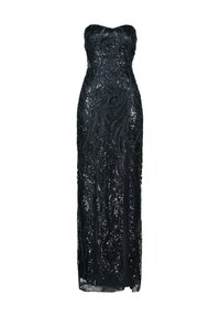 Czarna, bezramiączkowa suknia wieczorowa z cekinami, z misternymi wzorami w spirale, sięgająca do podłogi, z bocznym rozcięciem dla dodatkowego akcentu.