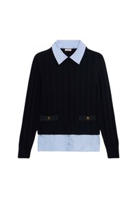 Schwarzer gerippter Strickpullover mit einem hellblauen Kragen und Saum, ausgestattet mit zwei vorderen Taschen, die mit goldenen Knöpfen verziert sind.